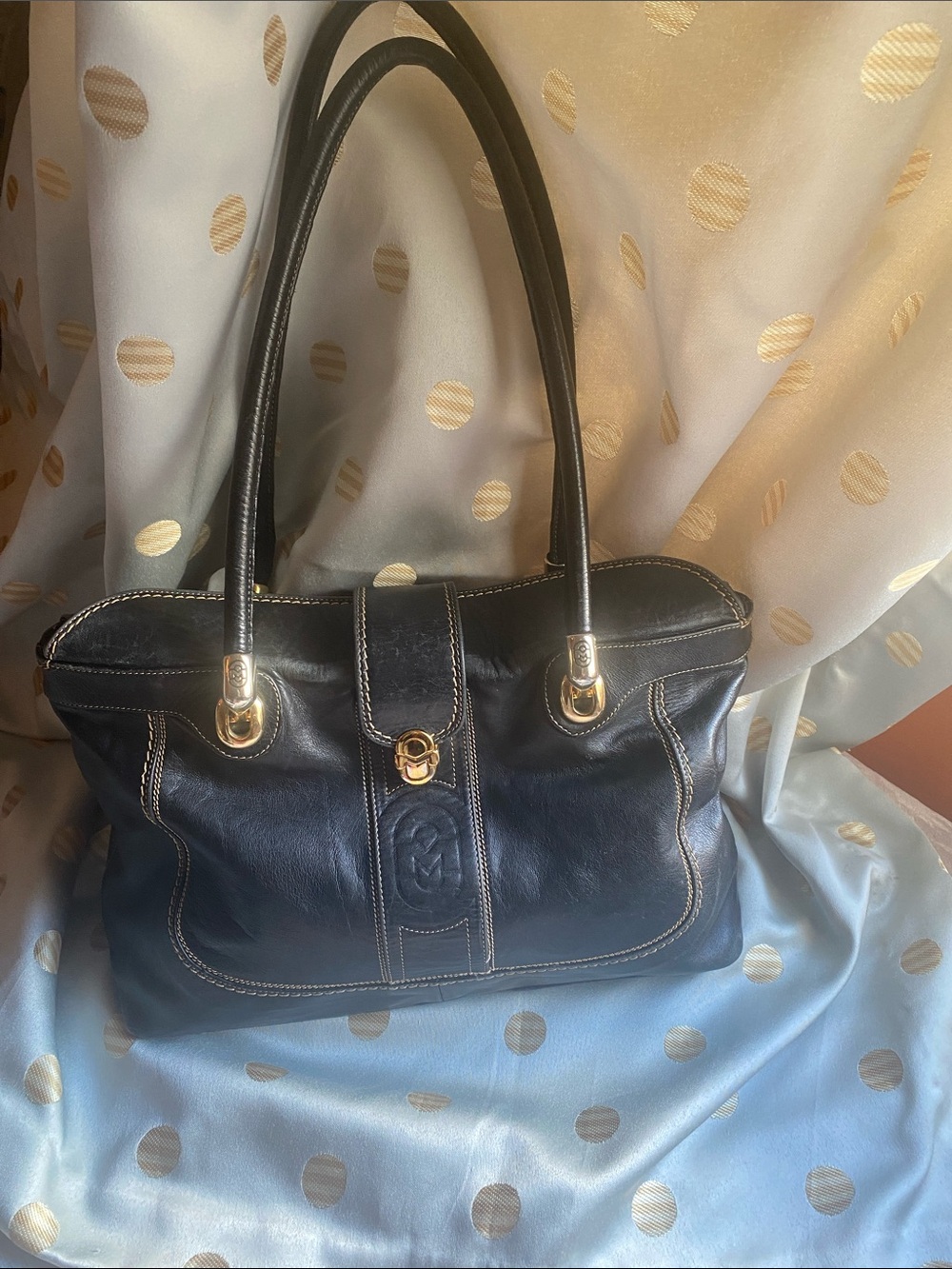 Vintage Marino Orlandi Black Leather Shoulder Bag with Gold-Tone Accents